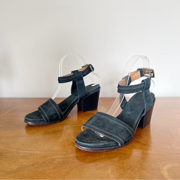 Billy Reid • black suede block heel sandals ankle strap leather stacked buckle - Picture 8 of 8